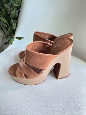 Chelsea & Violet Tan Leather Platform‎ Mule Sandals 8.5 Chunky Heel Boho 70s